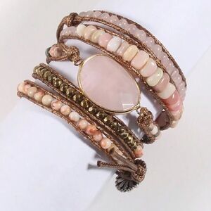 New Boho Multi-Layered Pink Rose Quartz Mix Beaded and Leather Kelly Bracelet